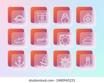 Set line Compass, Windsurfing, Lifebuoy, Ship steering wheel, Jet ski, Yacht sailboat, Nautical rope knots and Binoculars icon. Vector