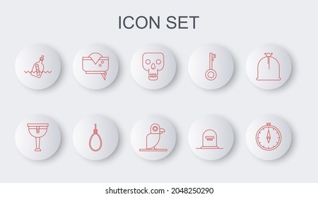 Set line Compass, Wooden pirate leg, Skull, Tombstone with RIP written, Bottle message in water, Pirate hat, Gallows rope loop hanging and parrot icon. Vector