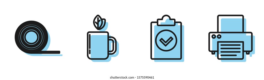 Set line Completed task, Scotch, Cup of tea and leaf and Printer icon. Vector