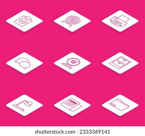 Set line Completed task, Target, Printer, Speech bubble chat, Web camera, Archive papers drawer, Table lamp and News icon. Vector