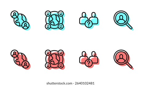 Set line Complicated relationship, BFF or best friends forever, International community and Magnifying glass search icon. Vector