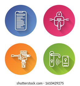 Set line Computer api interface, Robot, Mechanical robot hand and screwdriver and Digital door lock with wireless technology for unlock. Color circle button. Vector