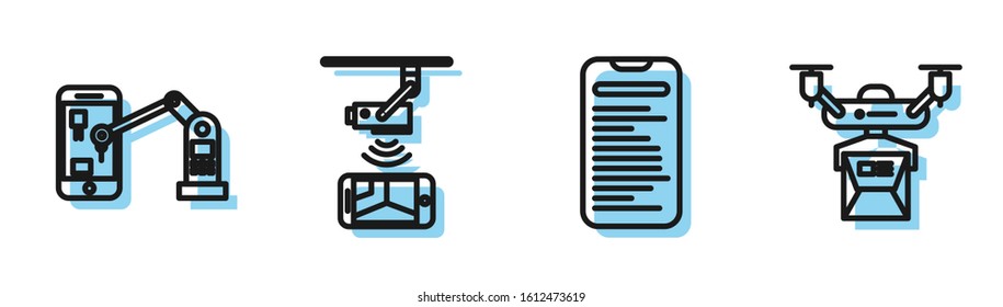 Set line Computer api interface, Industrial machine robotic robot arm hand, Wireless Controlling CCTV security camera and Drone delivery concept icon. Vector