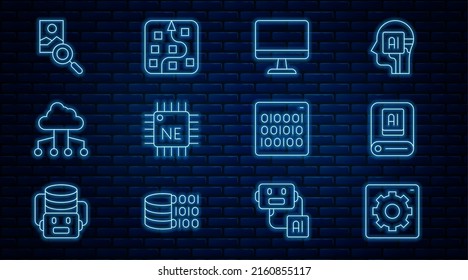 Set line Computer api interface, Artificial intelligence AI, monitor, Processor CPU, Network cloud connection, Photo retouching, Binary code and Neural network icon. Vector