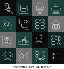 Set line Computer api interface, Neural network, Robot setting, Chat, Artificial intelligence robot, AI, Processor CPU and  icon. Vector