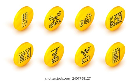 Set line Computer api interface, Software, web developer programming code, Printed circuit board PCB, Smart home, Drone flying with action and control icon. Vector