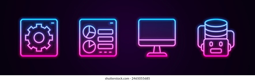 Set line Computer api interface, monitor and Artificial intelligence robot. Glowing neon icon. Vector