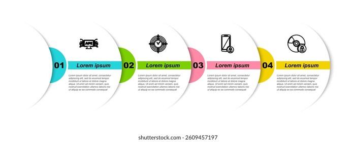 Set line Computer api interface, Time Management, Smartphone with lock and CD or DVD disk. Business infographic template. Vector