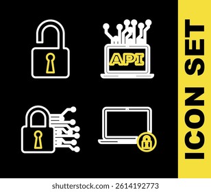 Set line Computer api interface, Laptop and lock, Cyber security and Open padlock icon. Vector