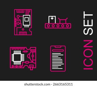 Definir a linha Interface api computador, PCB placa de circuito impresso, correia transportadora com caixa de papelão e componentes de computador eletrônico motherboard ícone chip digital. Vetor