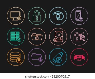Set line Computer api interface, Cyber security, Electric scooter, Folder and lock, Server with, Lock on monitor, Hard disk drive and  icon. Vector