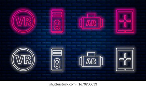 Set line Computer, Ar, augmented reality, Virtual reality glasses and Tablet. Glowing neon icon on brick wall. Vector