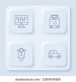 Feste Linie Computer-Anruf Taxi-Service, Tram und Bahn, Scooter und Auto. Weißer Quadrat-Knopf. Vektorgrafik