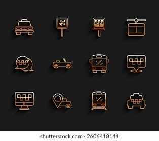 Set line Computer call taxi service, Location with, Taxi car, Train, Car,  and Bus icon. Vector
