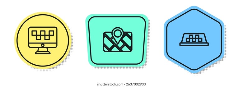 Set line Computer call taxi service, Gps device with map and Taxi car roof. Colored shapes. Vector