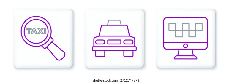 Set line Servicio de taxi de llamada por computadora, lupa e icono de coche y taxi. Vector
