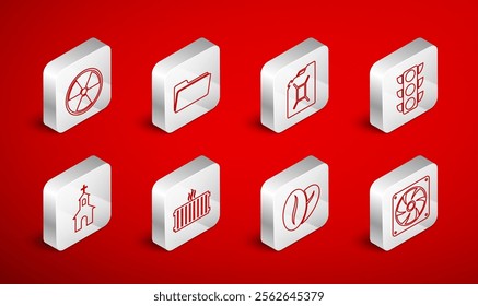 Set line Computer cooler, Folder, Canister for gasoline, Traffic light, Coffee beans, Radioactive, Heating radiator and Church building icon. Vector