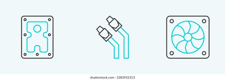 Set line Computer cooler, Hard disk drive HDD and LAN cable network internet icon. Vector