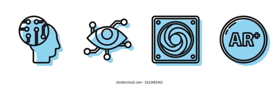 Set line Computer cooler, Human brain as digital circuit board, Virtual reality and Ar, augmented reality icon. Vector