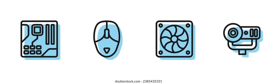 Ajuste la línea del refrigerador del equipo, el chip digital de la tarjeta madre, el ratón y el icono de la cámara Web. Vector