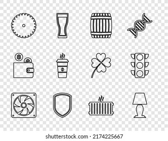 Set line Computer cooler, Table lamp, Wooden barrel, Shield, Circular saw blade, Coffee cup, Heating radiator and Traffic light icon. Vector