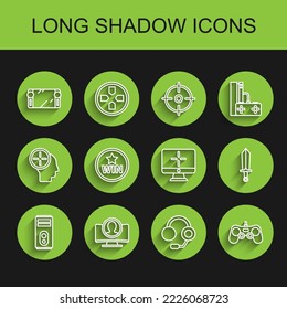Fijar la línea Ordenador, Crear la pantalla de la cuenta, Consola de videojuegos portátil, Auriculares, Gamepad, Medalla, Espada para y el icono de monitor. Vector