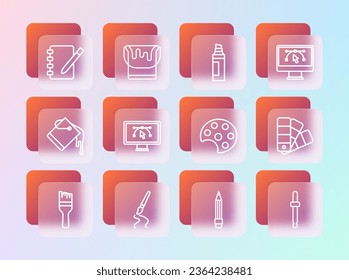 Set line Computer with design program, Paint brush, Palette, Pencil eraser, Marker pen, Notebook and bucket icon. Vector