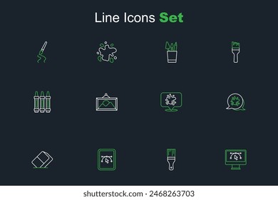 Set line Computer with design program, Paint brush, Eraser or rubber, spray, Picture landscape and Wax crayons for drawing icon. Vector