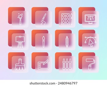 Set line Computer with design program, Graphic tablet, Marker pen, Wax crayons for drawing, Paint brush, Watercolor paints box, Magic wand and  icon. Vector