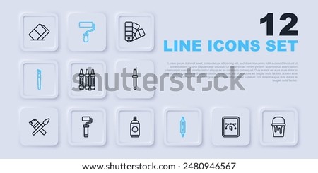 Set line Computer with design program, Paint bucket, Wax crayons for drawing, Marker pen, brush, roller,  and spray can icon. Vector