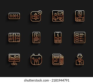 Set line Computer with growth graph, Bear market, Zero cost, Stock news, Trader, Business finance report,  and Mobile stock trading icon. Vector