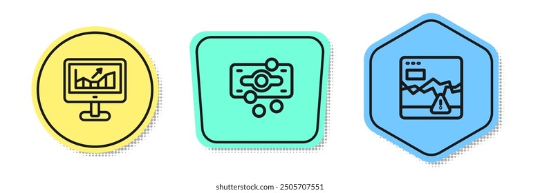 Ordenador con gráfico de crecimiento, apila el efectivo de papel moneda y el mercado de valores de fracaso. Formas de colores. Vector