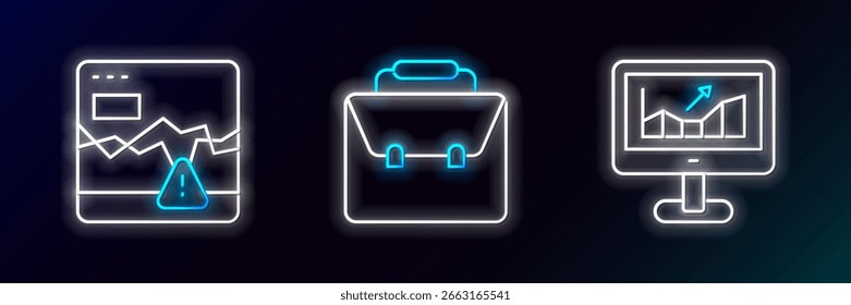 Set line Computer with growth graph, Failure stocks market and Briefcase icon. Glowing neon. Vector