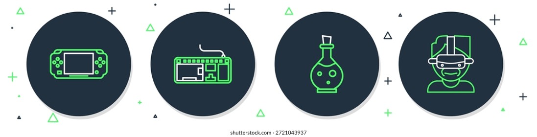 Definir linha Teclado do computador, Garrafa com elixir mágico, console de videogame portátil e ícone de óculos de realidade virtual. Vetor