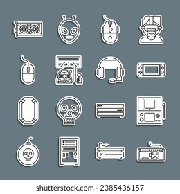 Definir línea Teclado de ordenador, consola de videojuegos portátil, juegos de ratón, cabina de simulador de carreras, tarjeta gráfica de vídeo e icono Auriculares. Vector
