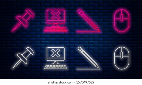 Set line Computer with keyboard and x mark, Pencil with eraser and line, Push pin and Computer mouse. Glowing neon icon on brick wall. Vector
