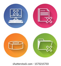 Set line Computer with keyboard and x mark, Delete file document, Scotch and Delete folder. Color circle button. Vector