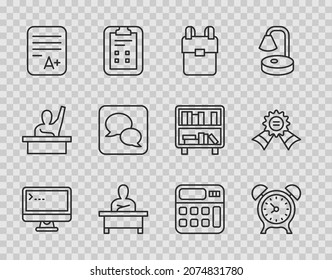 Set line Computer monitor, Alarm clock, School backpack, Schoolboy sitting at desk, Exam sheet with plus grade, Speech bubble chat, Calculator and Medal icon. Vector