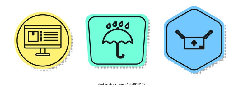 Set line Computer monitor with app delivery tracking , Umbrella and rain drops  and Cardboard box with traffic symbol . Colored shapes. Vector