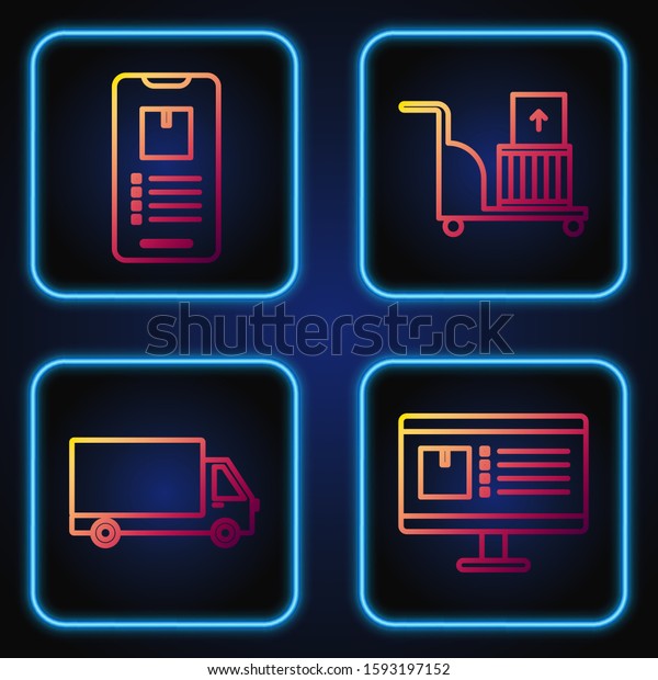 Set line Computer monitor with app delivery\
tracking , Delivery cargo truck vehicle , Mobile phone with app\
delivery tracking  and Electric hand truck and boxes . Gradient\
color icons. Vector