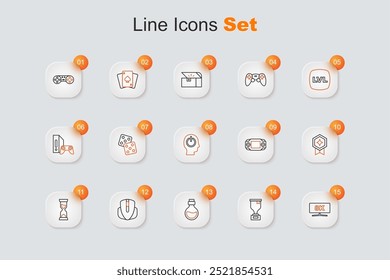 Set line Computer monitor, Award cup, Bottle with magic elixir, mouse, Old hourglass, Game rating medal, Portable video game console and Power button icon. Vector