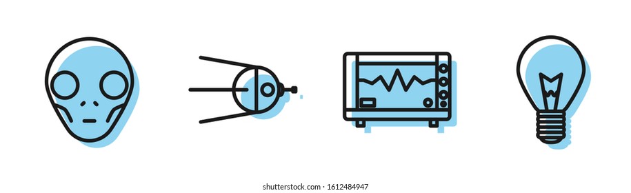 Set line Computer monitor with cardiogram, Extraterrestrial alien face, Satellite and Light bulb with concept of idea icon. Vector