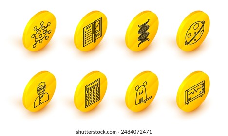 Set line Computer monitor with cardiogram, Rat, Calculator, Assistant, Planet, DNA symbol, Notebook and Bacteria icon. Vector