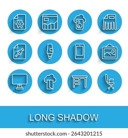 Set line Computer monitor, Cloud database, Document settings, Office desk, chair, Marker pen, Picture landscape and Mobile phone icon. Vector