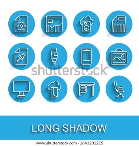 Set line Computer monitor, Cloud database, Document settings, Office desk, chair, Marker pen, Picture landscape and Mobile phone icon. Vector