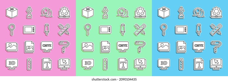 Set line Computer monitor and cursor, Paint roller brush, Crossed ruler pencil, Light bulb with concept of idea, Graphic tablet, Magnifying glass, Isometric cube and Marker icon. Vector