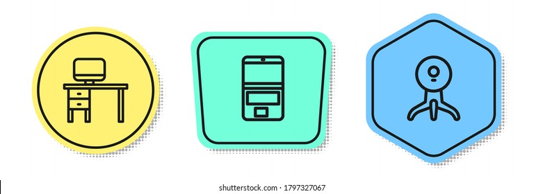 Set line Computer monitor and desk, Laptop and Web camera. Colored shapes. Vector