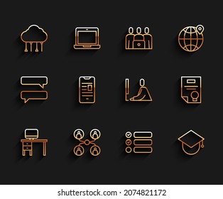 Set line Computer monitor and desk, Online class, Network cloud connection, Task list, Graduation cap globe, book mobile, Certificate template and Student working laptop icon. Vector