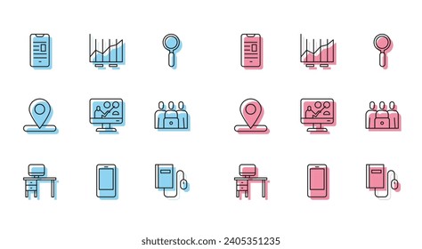 Set line Computer monitor and desk, Mobile phone, Online book mobile, Electronic with mouse, education, class, Location and Pie chart infographic icon. Vector