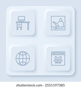 Definir linha Monitor e mesa do computador, Educação on-line, Rede social e janela do navegador. Botão quadrado branco. Vetor